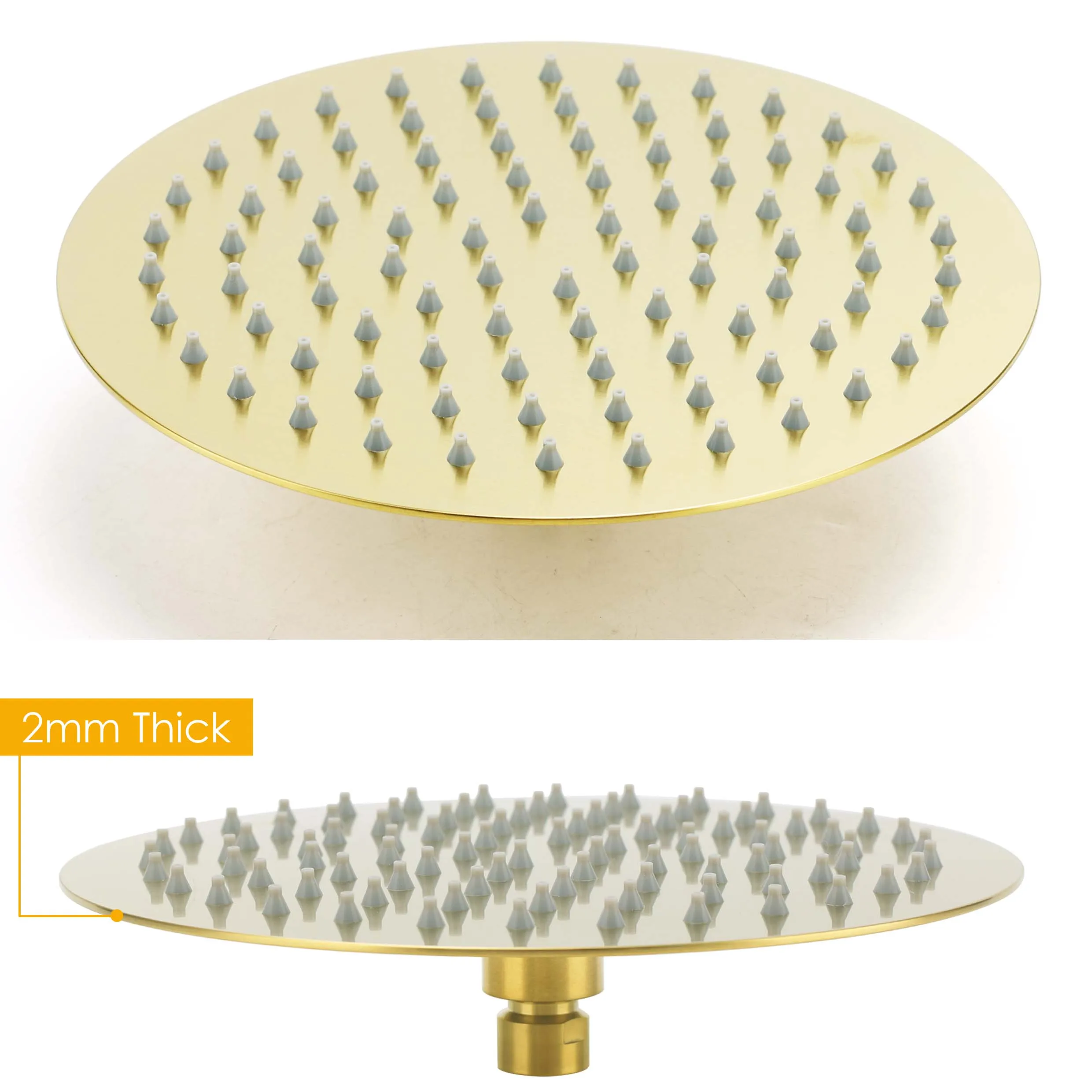 KYLINS Brushed Gold Round 8 Inch 10 Inch 12 Inch Round Rainfall Shower Head + 300mm Ceiling Arm Set Bathroom Watermark Wels