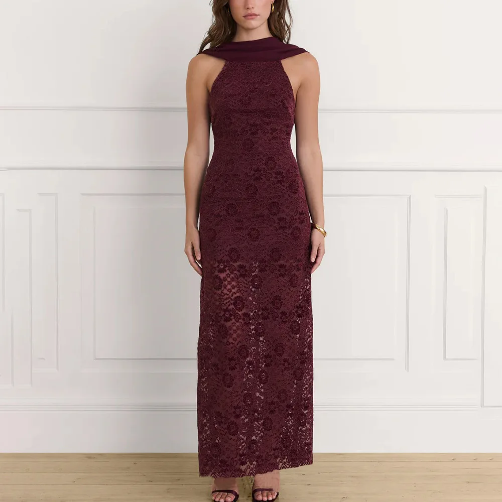 

SKMY 2026 Autumn New Style Lace Long Dresses Women Clothing Sexy Clubwear Backless Spicy Girl High Waist Bodycon Dress Party