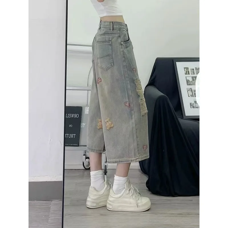Women's Jeans High Waist Ripped Cropped Pants Distressed Summer Loose Fit Embroidery Bear Artisan Frayed Hem Denim Trousers