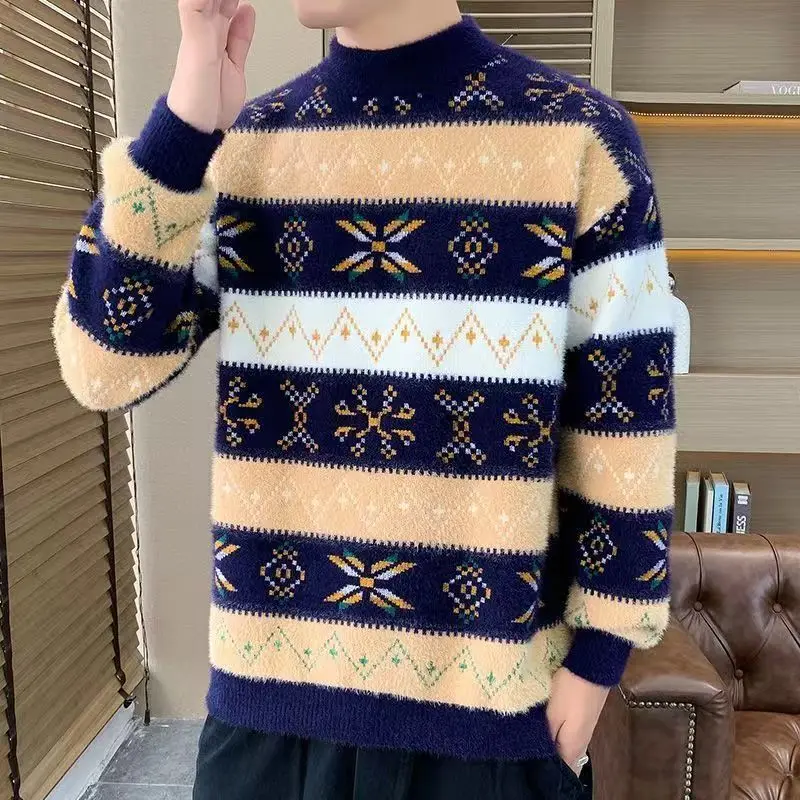 Winter New Men's Teen Trendy Warm Student Thickened High Neck Knit Base Layer Sweater Fashion Menswear