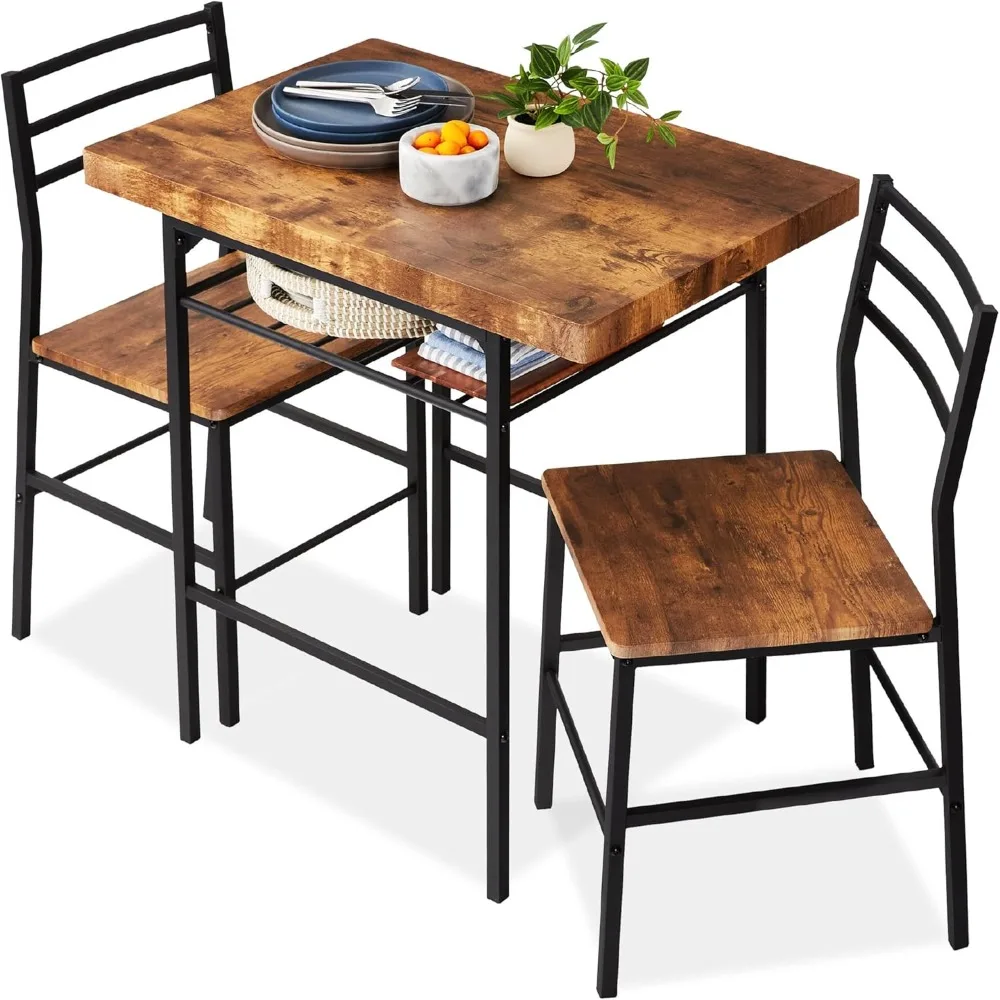 Modern Dining Set, Space Saving Dinette for Kitchen, Dining Room, Small Space w/Steel Frame, Built-in Storage Rack - Brown