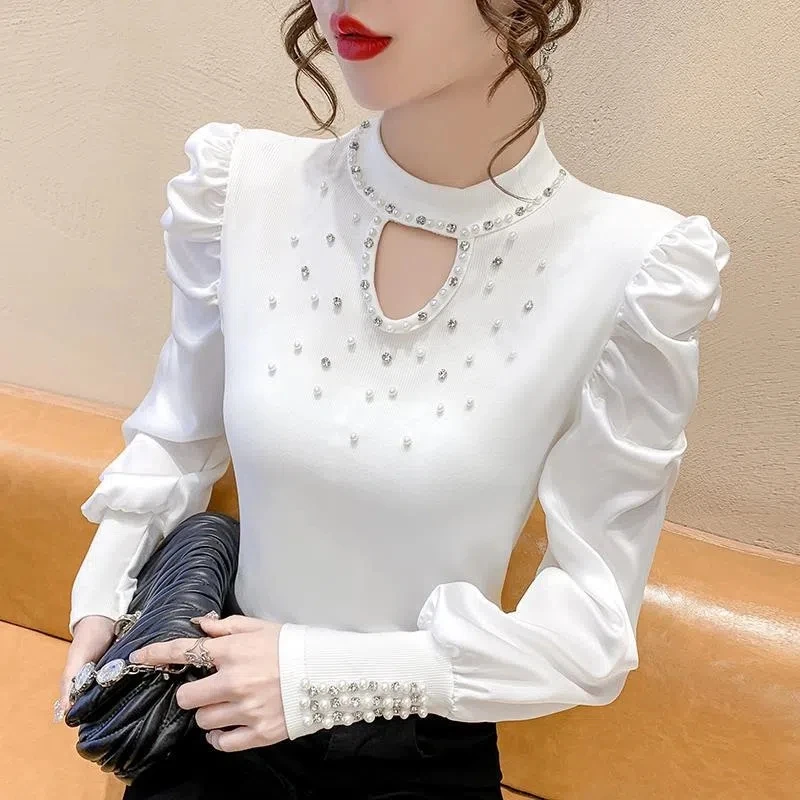 

Bead Shirts Womens Retro Long Sleeve 2024 Spring Winter Open Bust Womens Tshirt Sexy Black Tops For Teen Girl Knitted Sweater