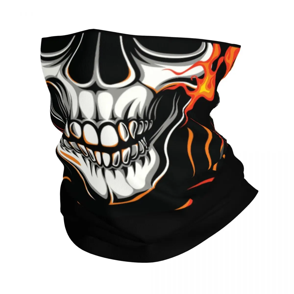 カスタムスカルオンファイアーバンダナネックゲイター、ハイキング、キャンプ、女性、男性用ラップスカーフ、ホラーハロウィンバラクラバウォーマー