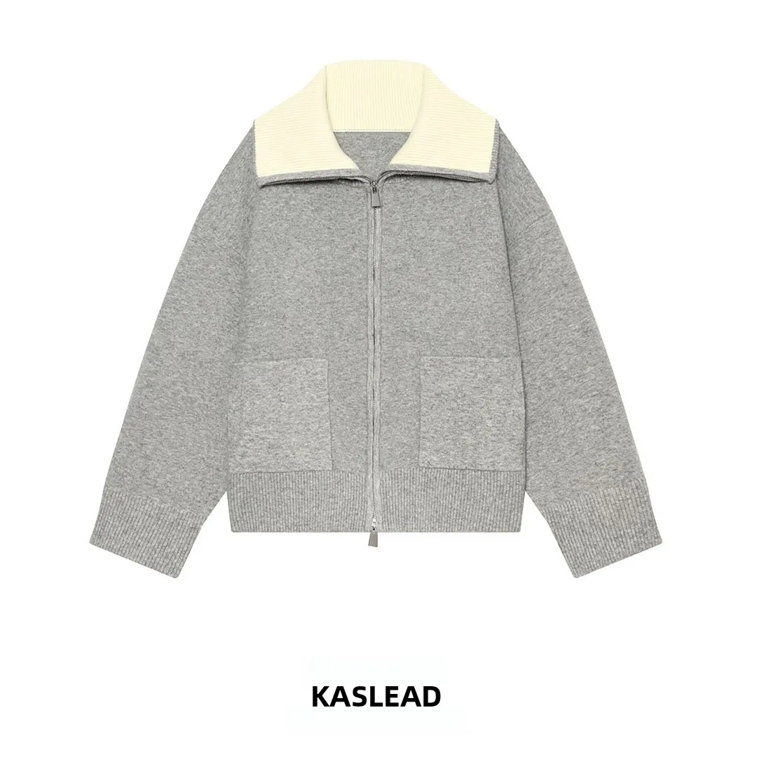 KASLEAD New Women's Knitted Jacket Collar Splicing Versatile 2142130 Polyester Fiber Long Sleeve Zipper Closure Autumn Fashion