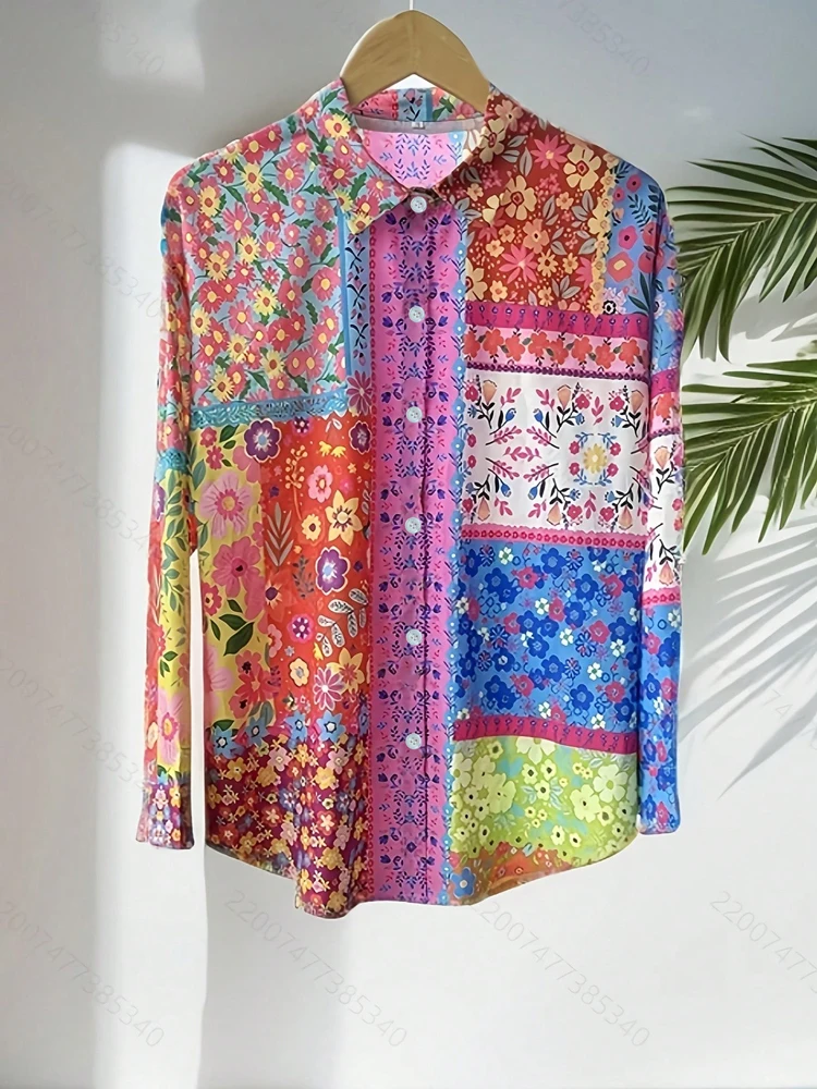 ขนาดบวกลายดอกไม้พิมพ์ปุ่มลงเสื้อลําลองหลวมคอวีแถวเดียวปุ่มเสื้อแขนยาว