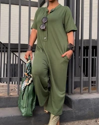 2024 Spring Summer for Women Jumpsuit Harajuku Overalls for Women Retro Solid Color Short Sleeve Buttoned Pocket Design Jumpsuit