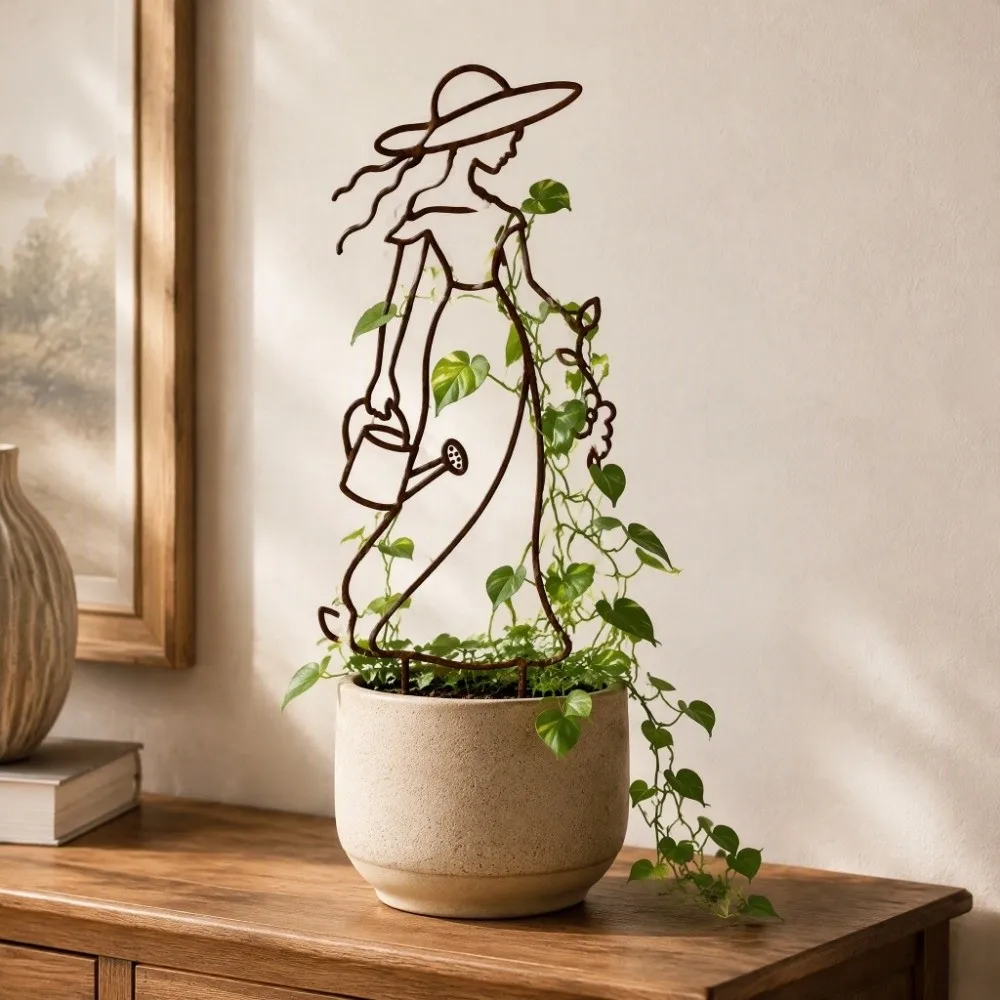 Distressed Iron Character Silhouette Plant Trellis Hollow Out Strong Load Bearing Lady Plant Support Pile Weather Resistance