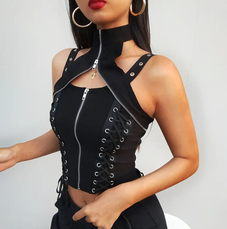 Sexy Punk Cami Tanks Sleeveless Under Shirt Women Summer Short Corset Zip Up Crop Tops Lace Up Halter Collar Shirt