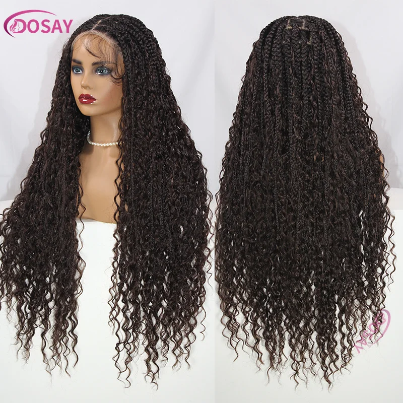 Wig kepang sintetik 32 "#4 cokelat tua Boho tanpa simpul Wig kepang kotak Bohemian Wig kepang untuk wanita hitam dengan rambut bayi