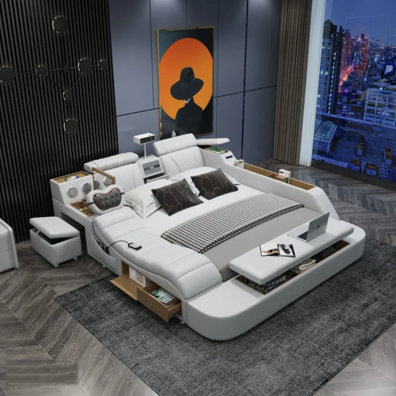 Modern Luxury Bedroom Furniture Smart Electric Massage Up-holstered Beds king Size Double Bed Wooden Frame Leather Set Design