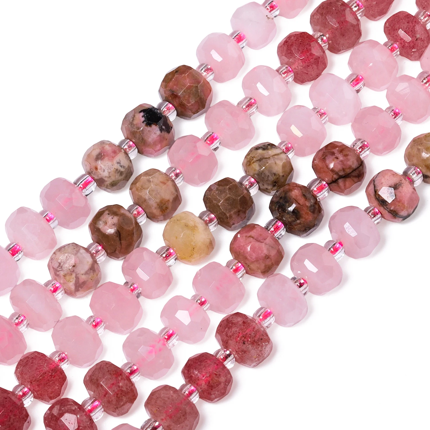 AAA+ Faceted Wheel Mix Natural Stone Rhodonite Rose Quartz Beads Rondelle Spacer Beads for Jewelry Making DIY Bracelets 7.5''
