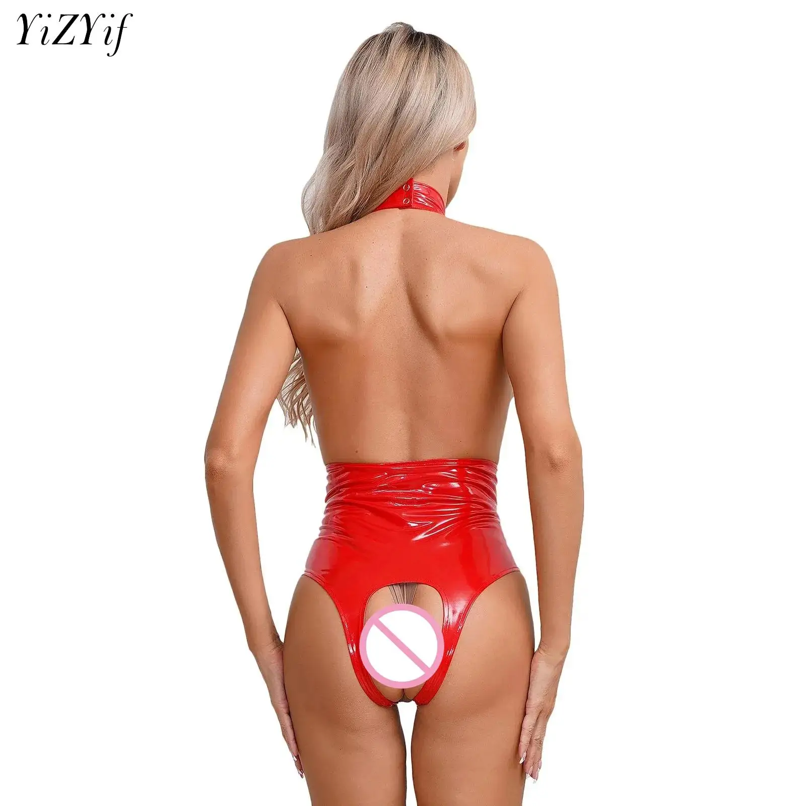 Women Lingerie Wet Look Patent Leather Bodysuit Sexy Sleeveless Leotard Open Chest Halter Jumpsuit Backless Crotchless Catsuit