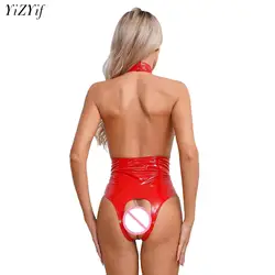 Women Lingerie Wet Look Patent Leather Bodysuit Sexy Sleeveless Leotard Open Chest Halter Jumpsuit Backless Crotchless Catsuit