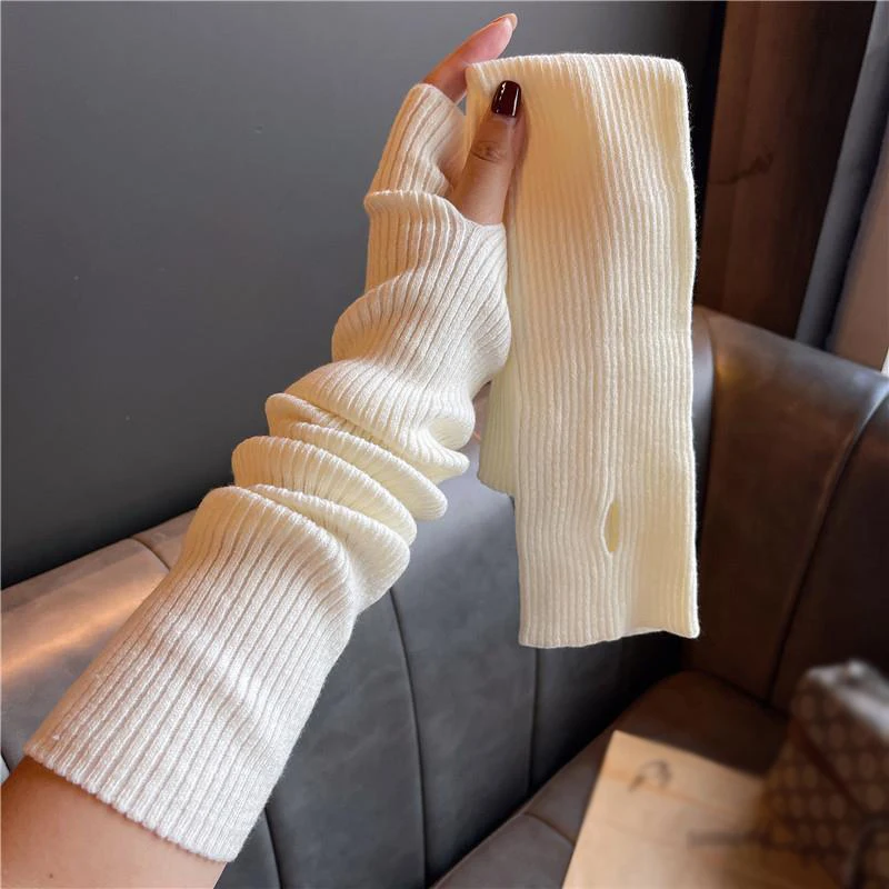 We.Fine Women Knitted Long Arm Warmer Fingerless Gloves Winter Soft Fashion Solid Arm Sleeve Casual Girls Clothes Punk Gloves