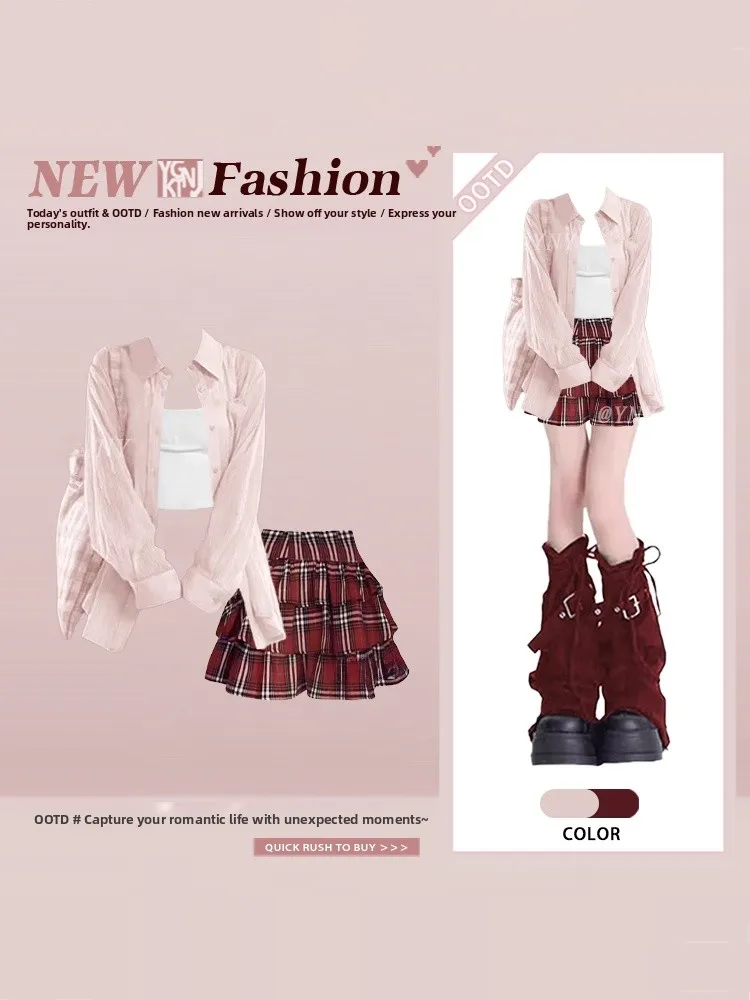 

Pink Plaid irt And Strap Set Women's Gentle Sle Tee-Piece Suit Spring Faion High Waist ort Skirt Sun Protection Lon...