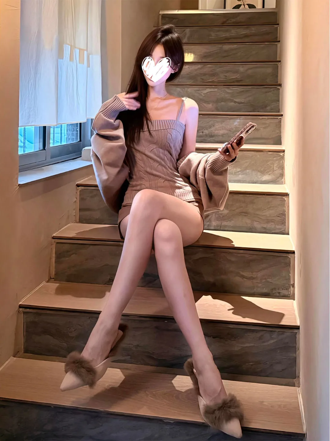 

Korean Retro Knitted Open Cardigan Sweater Women's Autumn Winter New Small Size Inner Strap Vest Top Two-Piece Set Fashion