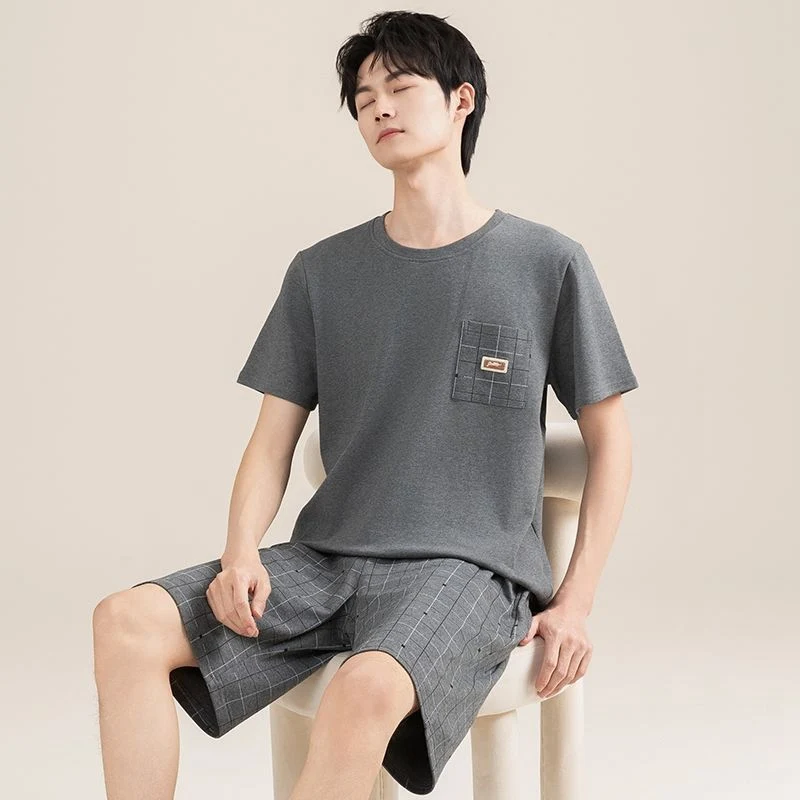 

2025 Summer Short Sleeve 100% Cotton Casual Plaid Pajama Sets for Men Korean Loose Sleepwear Pyjama Male Homewear Home Clothes