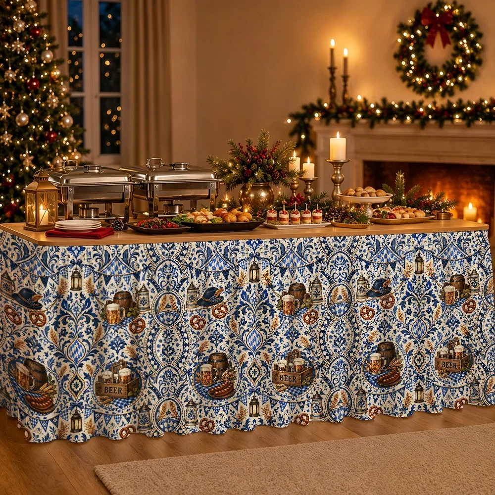 Blue White Tavern Damascus Beer Garden Chain Badge Beer Festival Tablecloth, Bavarian Party Decoration