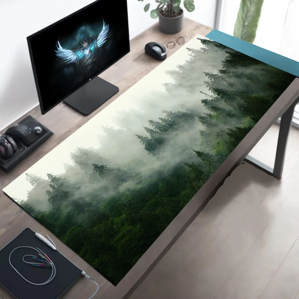 Image of Foggy Mountain Forest Mauspad, Landschaft, großes Gaming-Mauspad, XXL-Tastatur, Gamer, Schreibtischunterlage, Anime, 900 x 400, Gummi, lange Mauspads