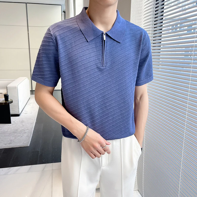 2023 Summer Striped Knit Polo Shirts Men Casual Slim Business Social Polos Short Sleeve Lapel Tee Tops Streetwear Clothing