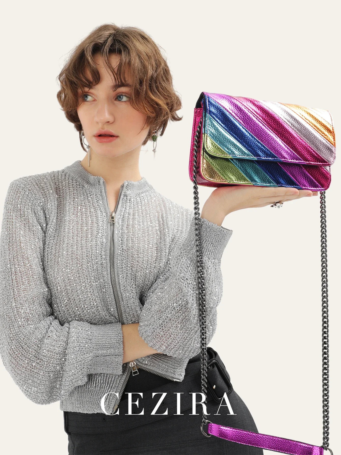 CEZIRA Fashion Small Rainbow Colorful Stripes Handbag Women PU Leather Patchwork Square Flap Metal Chain Cross Body Shoulder Bag