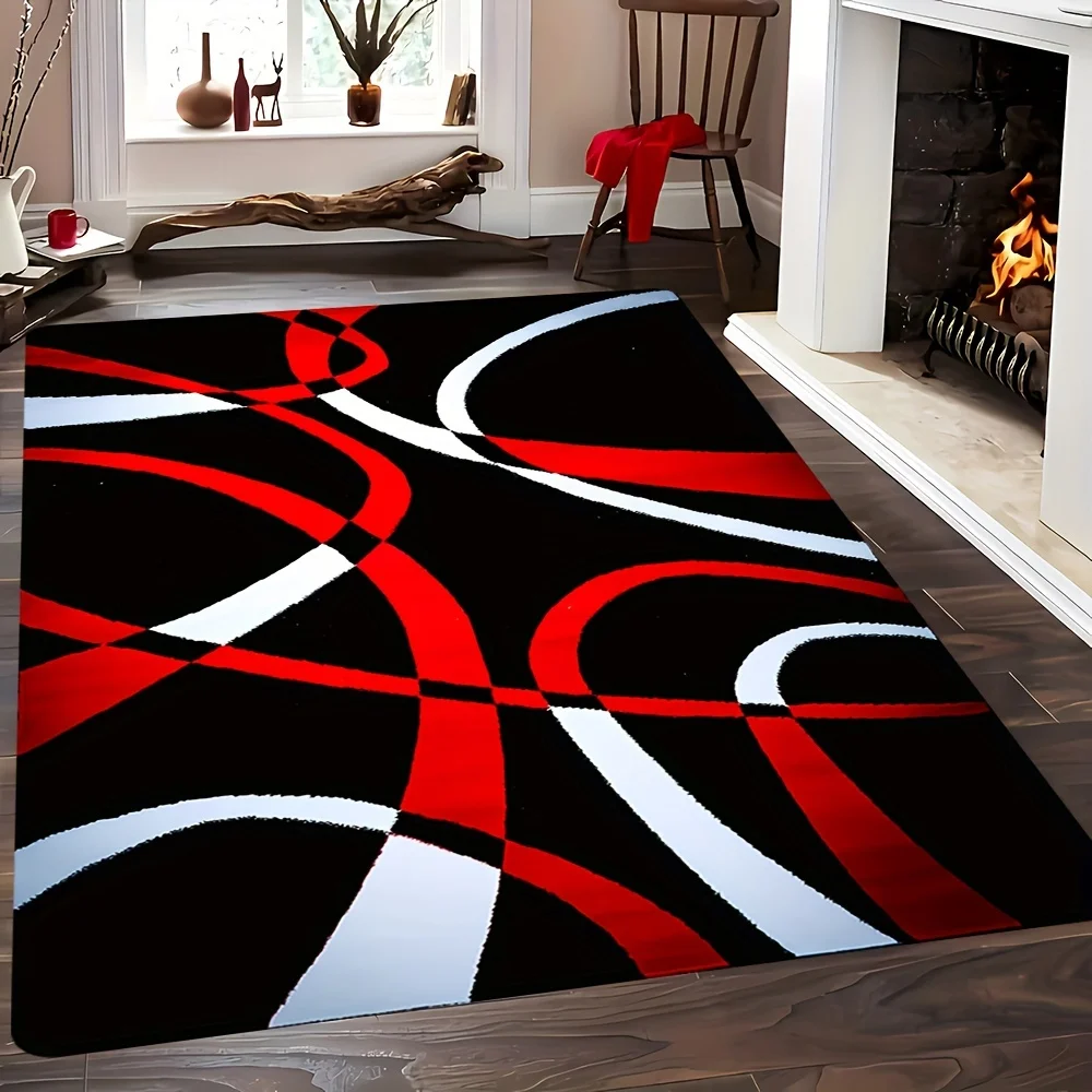 Modern Abstract Flannel Rug Red Black White Curved Line Area Carpet Soft Non-slip Floor Mat for Living Room Bedroom Home Decor