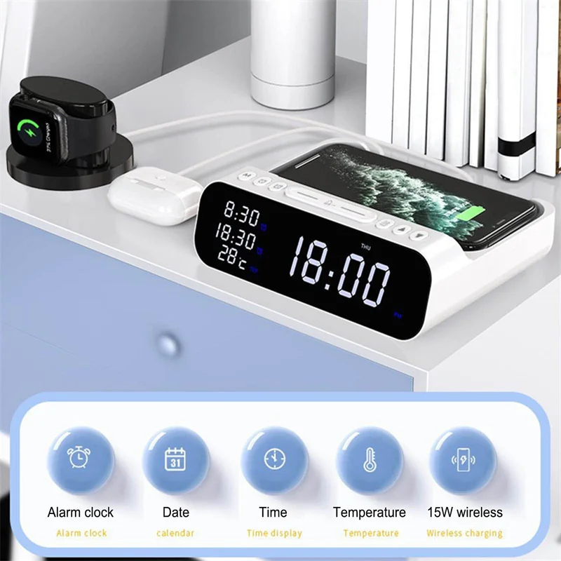 3-in-1 Wireless Charger Alarm Clock Time LED Light Thermometer Earphone Phone Charger 15W Fast Charging Dock Station For Phone