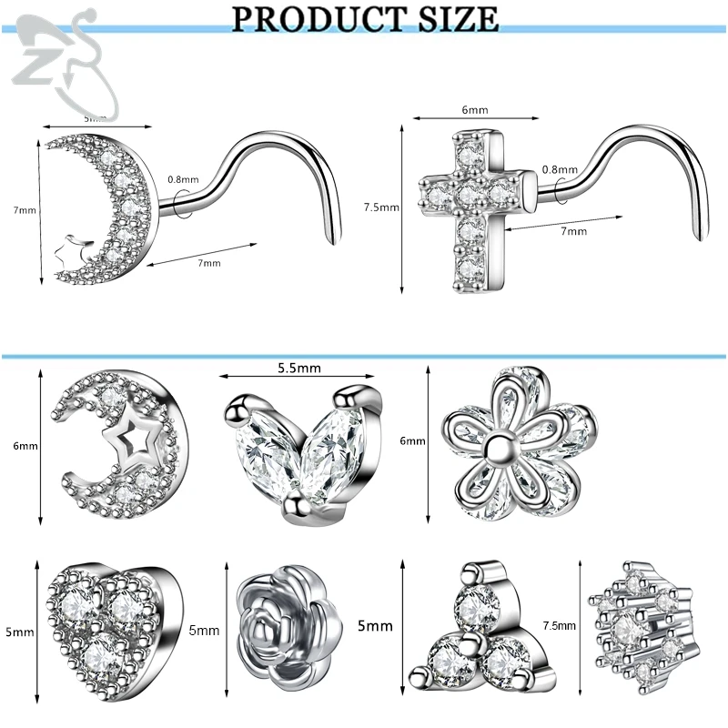 ZS 1PC 20G Stainless Steel Nose Piercingt Star Heart Cross Rose CZ Crystal Nose Stud Screw S-Shaped Nostril Piercings  Jewelry