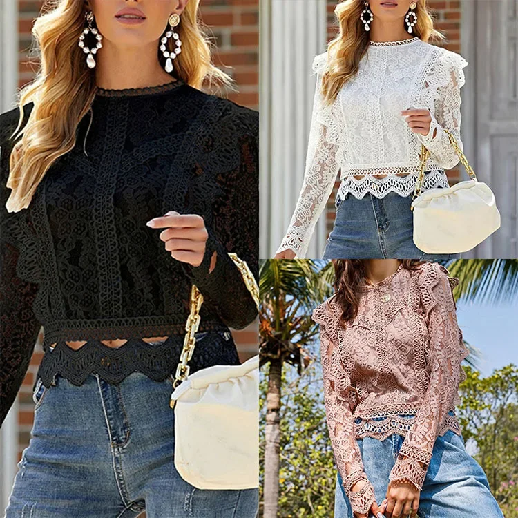 

Women White Lace Blouse Shirt Long Sleeve Hollow Out Vintage Cute Ruffle Blouse Sexy Tops 2023 spring Summer Streetwear