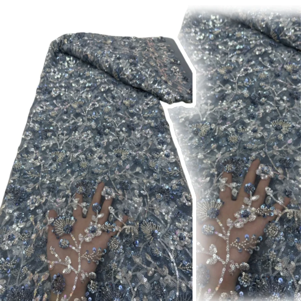 

African Handmade Sequins Net Pearls Lace Fabric 2025 French Heavy Beaded Tulle Lace Fabric For Bridal Party Dress Material T1142