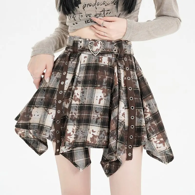 

Korean Fashion Y2k Clothing Spring Summer High Waist Irregular Short Skirt Women Vintage Print Plaid a Line Mini Skirts