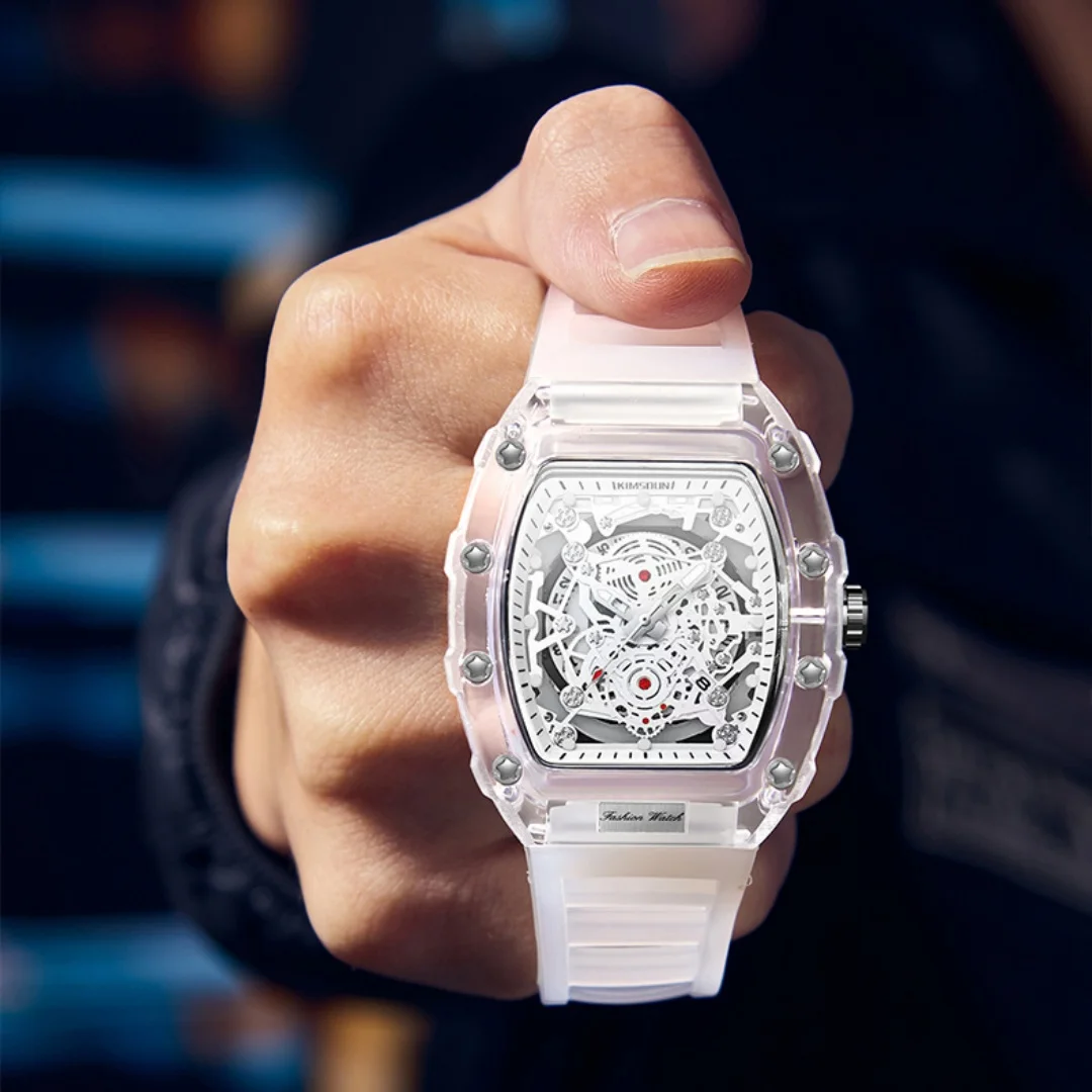 Relógios masculinos casuais da moda com função de calendário luminoso, pulseira de silicone, caixa transparente em formato tonneau, relógio de quartzo masculino para presente.