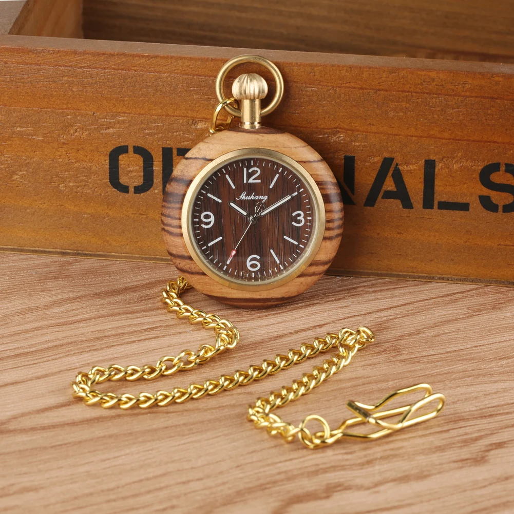 Vintage Quartz Analog Pocket Watch Men Golden Alloy Metal Pocket Chain Wooden Watch Case Retro Pendant Pocket Clock Gift Male