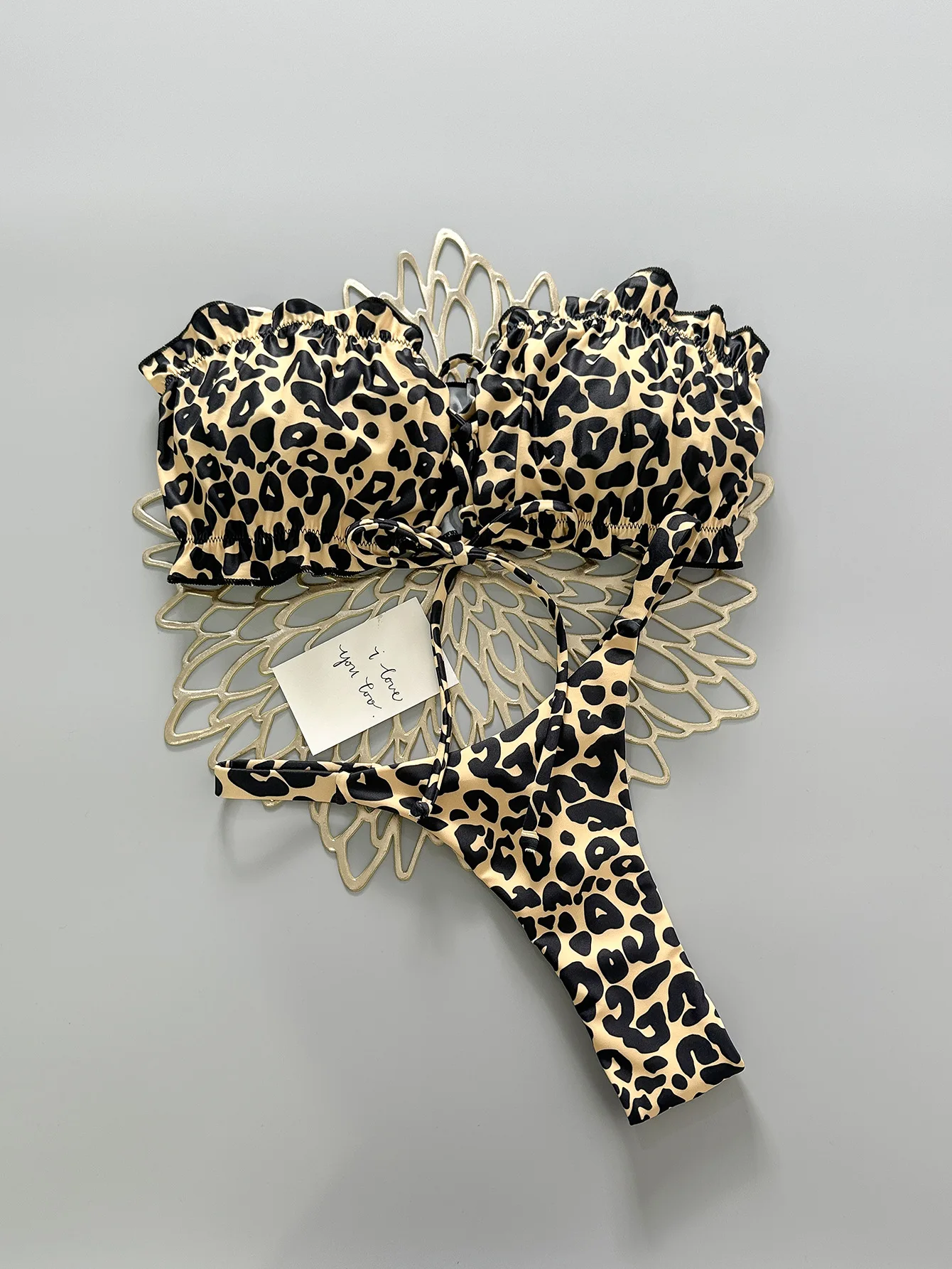 sexy ruffles leopard bandeau bikinis sets two pieces halter back tie thong swimsuits bathing suit swimwear biquini tankini