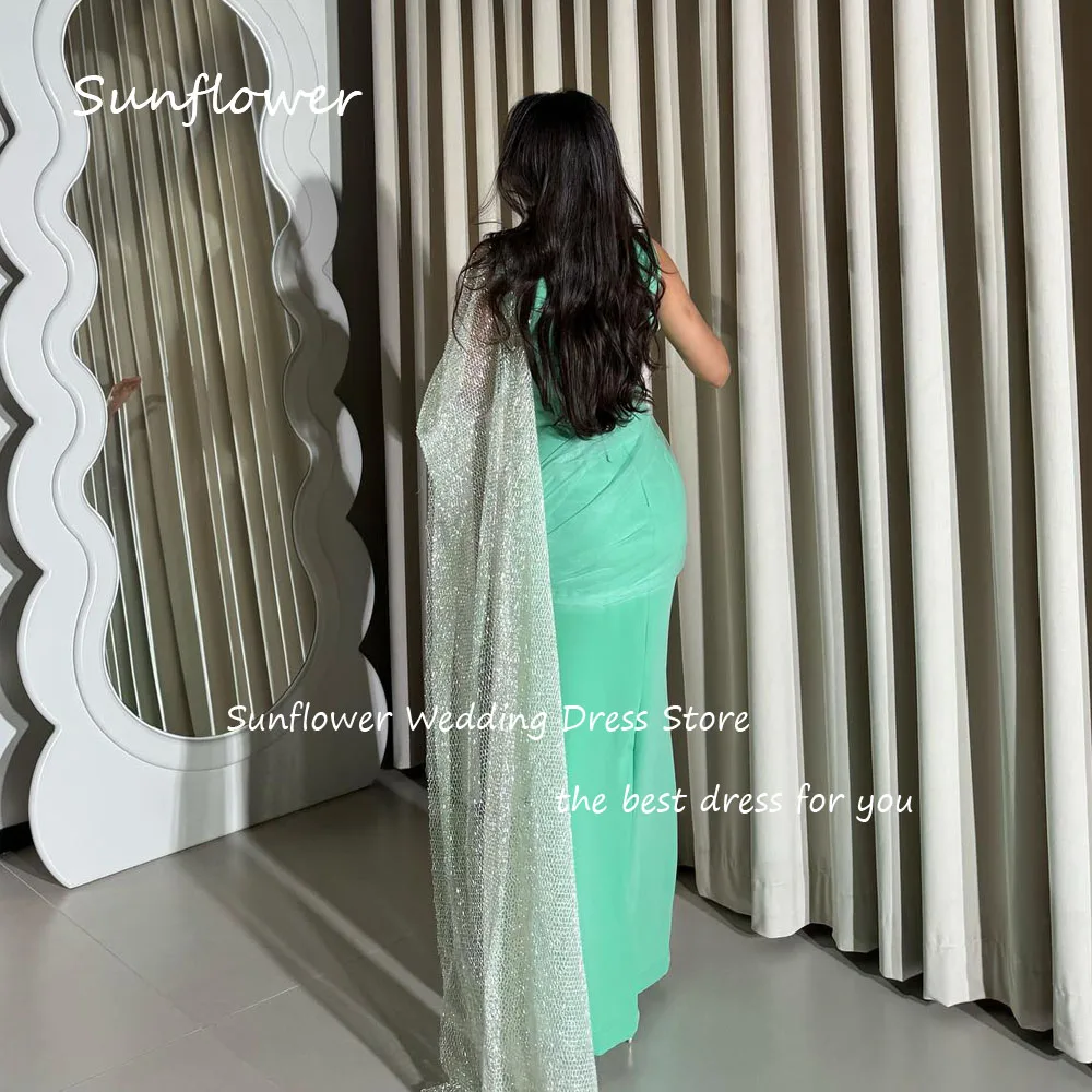 Sunflower Simple Lake Green V-Neck Crepe Mermaid Formal Evening Dress Saudi Arabia 2024 Slim Shawl Long Ankle-Length Prom Dress