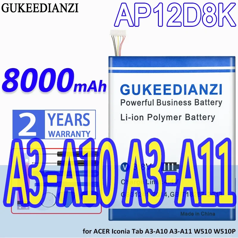 Batería GUKEEDIANZI de alta capacidad AP12D8K 8000mAh para baterías de tableta ACER Iconia Tab A3-A10 A3-A11 W510 W510P