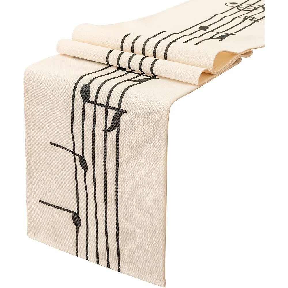 Tischläufer mit Musiknoten, Polyesterfaser, beige Hintergrund, schwarzes Musiksymbol-Muster, dekorative Tischdecke für den Esstisch