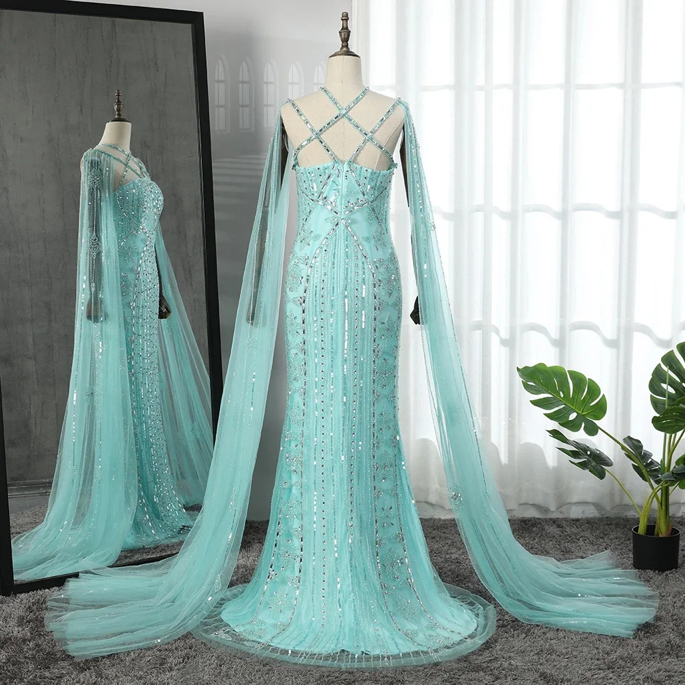 Luxury Elegant Mermaid Trumpet Woman Formal Wedding Guest Evening Prom Dresses Beading Sequined Cape Sleeves