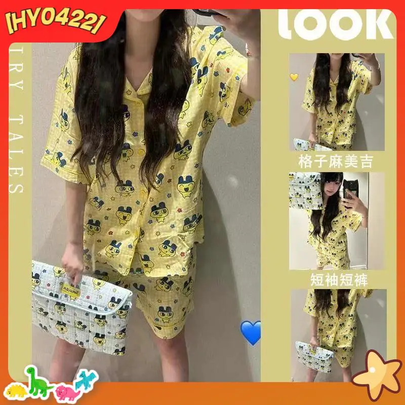 

Mameiji Women'S Cotton Pajamas Set Summer Blue Plaid Cute Tamagot Chi Cartoon Short Sleeve Shorts Summer Thin Soft Loungewear