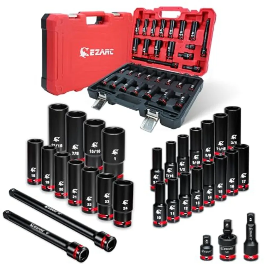 

1/2" Drive Impact Socket Set 31-Piece SAE 3/8 1 in and Metric (10 24 mm) Deep Sockets CR-V Material 3/6/10 in Extensions Univer