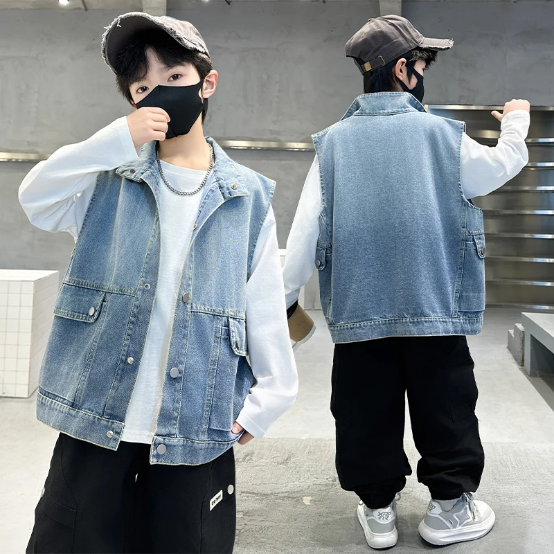 

Korean Boy Casual Turtleneck Denim Vest for School Child Elegant Sleeveless Blue Jacket Kids Outfit Spring Autumn Waistcoat 7-16