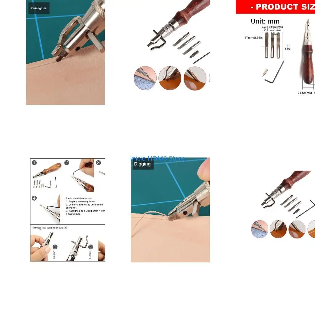 A5YD Replaceable Leather Beveling and Creasing Tool Set With Metal Attachments and Hand Guided Handle for Trim Shaping, Fine