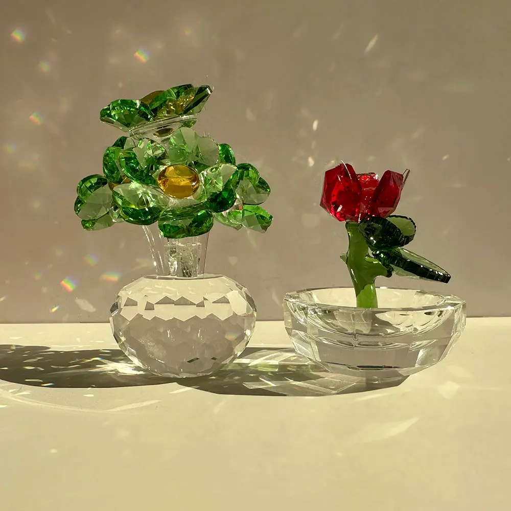 Highend Crystal Rose Flower Figurines Glass Flower Statue For Home Wedding Room Table Decor Girl Gift
