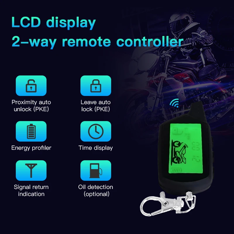 Motorcycle LCD PKE Two-way Remote Control With Inductive Power Time Display Oil Detection Scooter PKE Anti-theft Alarm