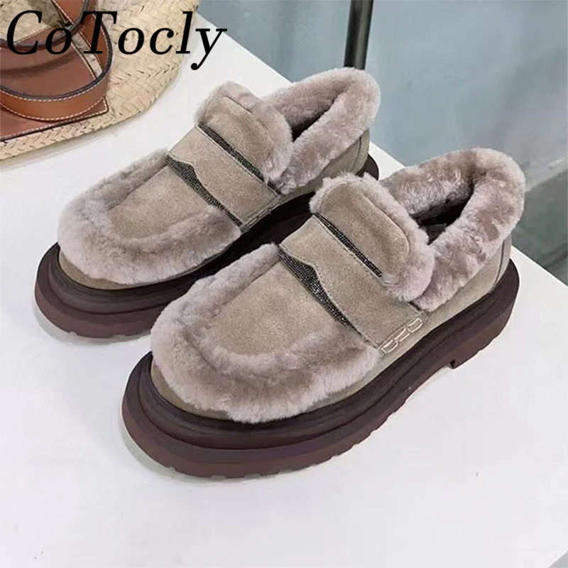 

Winter Loafers Women Round Toe String Bead Thick Sole Casual Shoes Cow Suede Flat Shoes Comfort Wool Warm Walking Shoes Woman