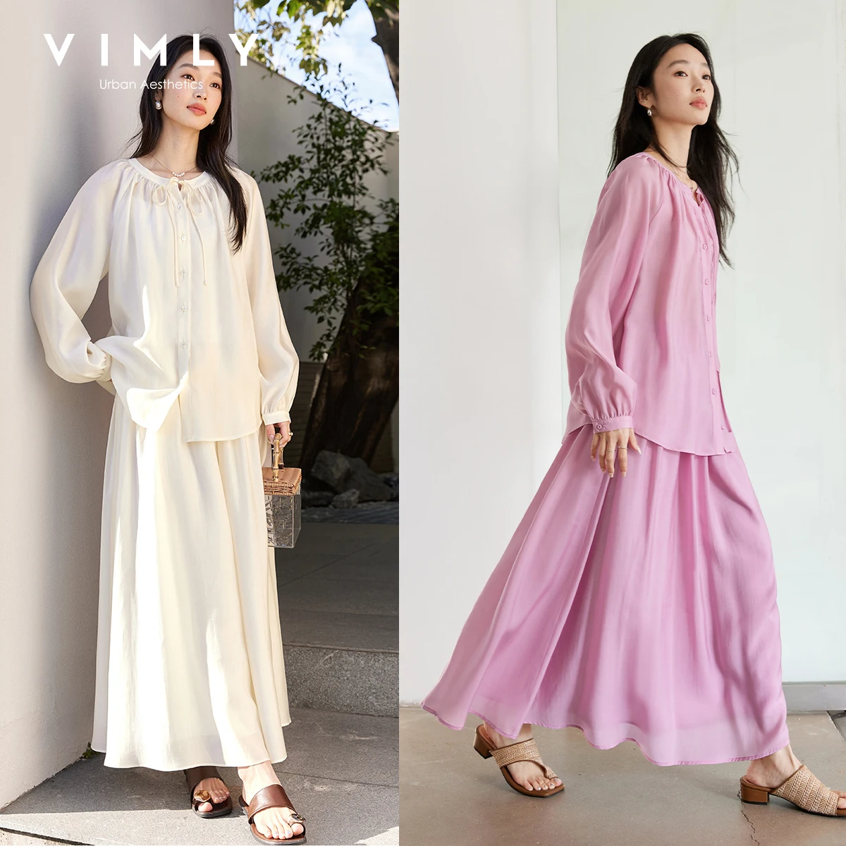 

VIMLY Casual Fashion Loose Skirt Sets for Woman Spring Outfit 2026 Elegant Two Piece Set Female Lace-up Tops Long Skirts A0532