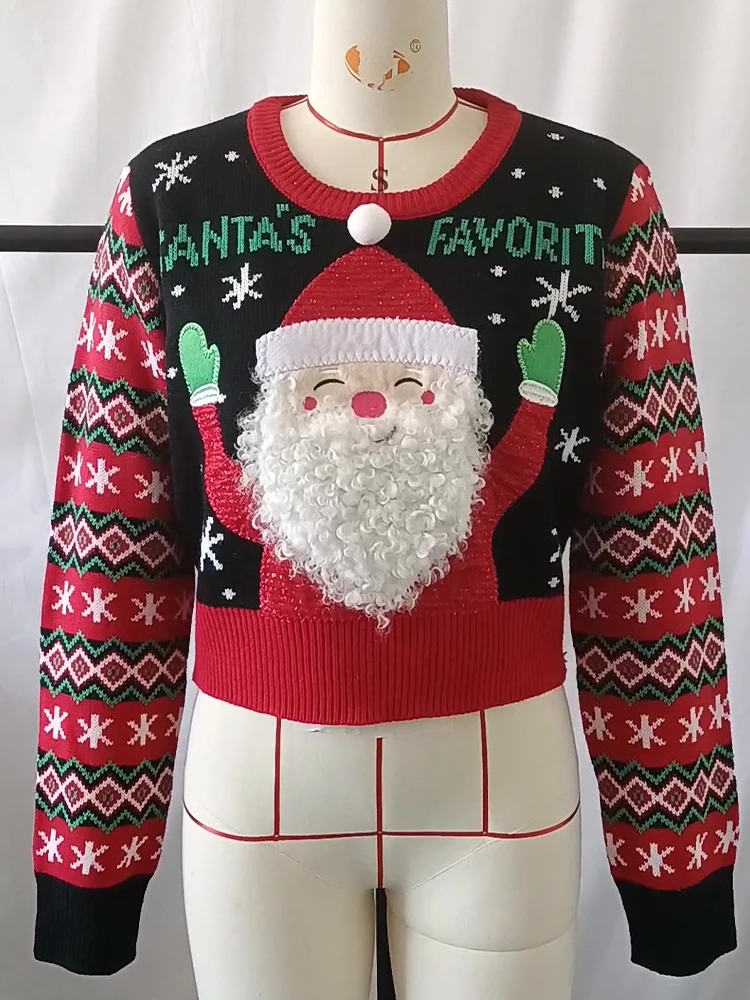 Nieuwjaar 2024 Lelijke Trui Vrouwen Korte Kerst Trui Kerstman Applicaties Trui Top Jumper Herfst Winter Casual 39946