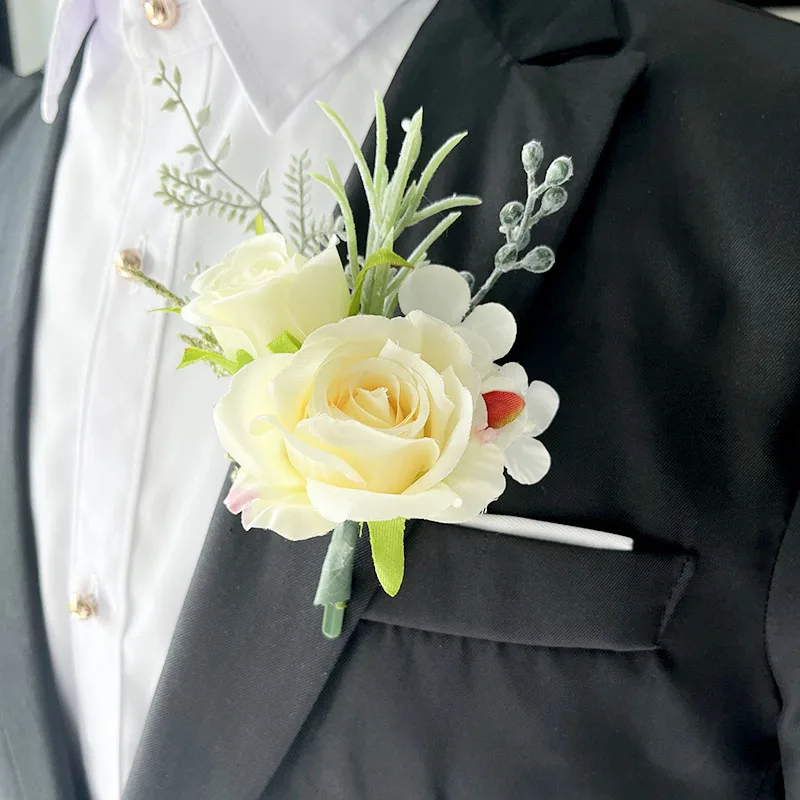 Corsage Boutonnière, Accessoires de Bal de Mariage, Costumes de Marié, Garçon, Ami, Épinglettes, Broche, Fleur, Poubelle, Boutonnière Artificielle