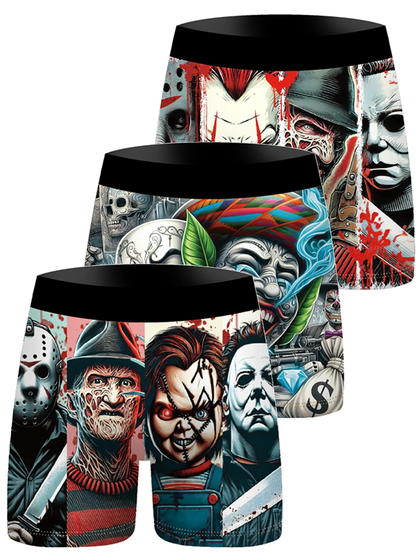 

3Pcs Men's Horror Movie Villains Print Boxer Briefs, Scary Character Novelty Underwear, Comfort Casual Shorts