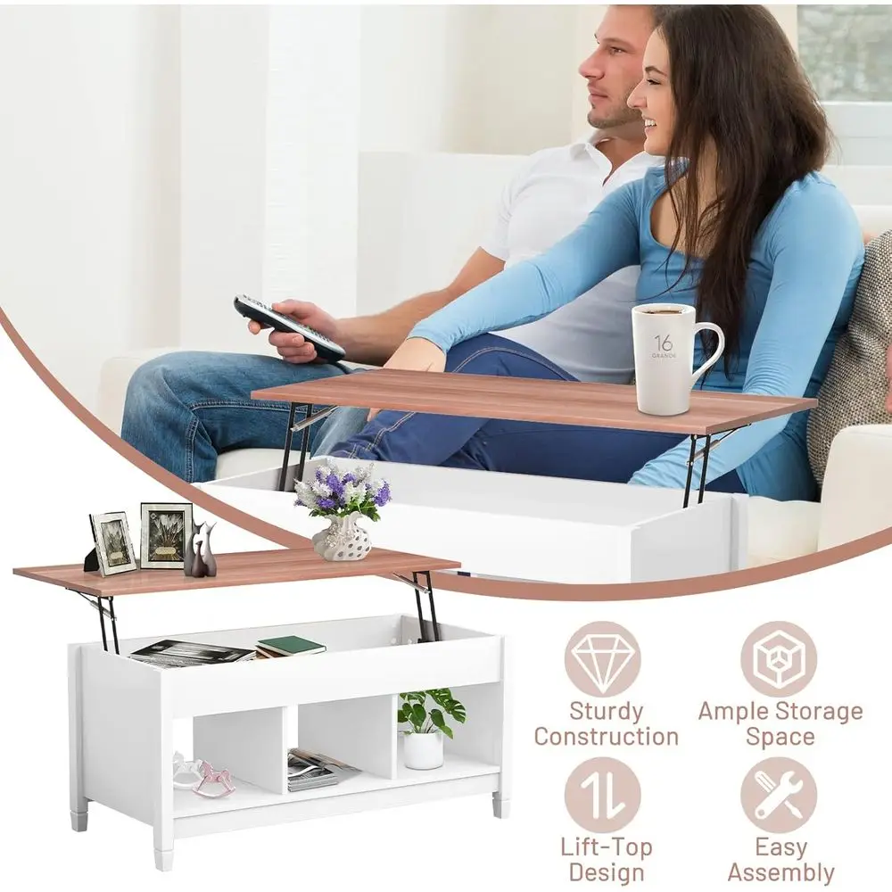 Hidden Storage Coffee Table with 3 Shelves, Rectangular Wood Legs for Living Room, White